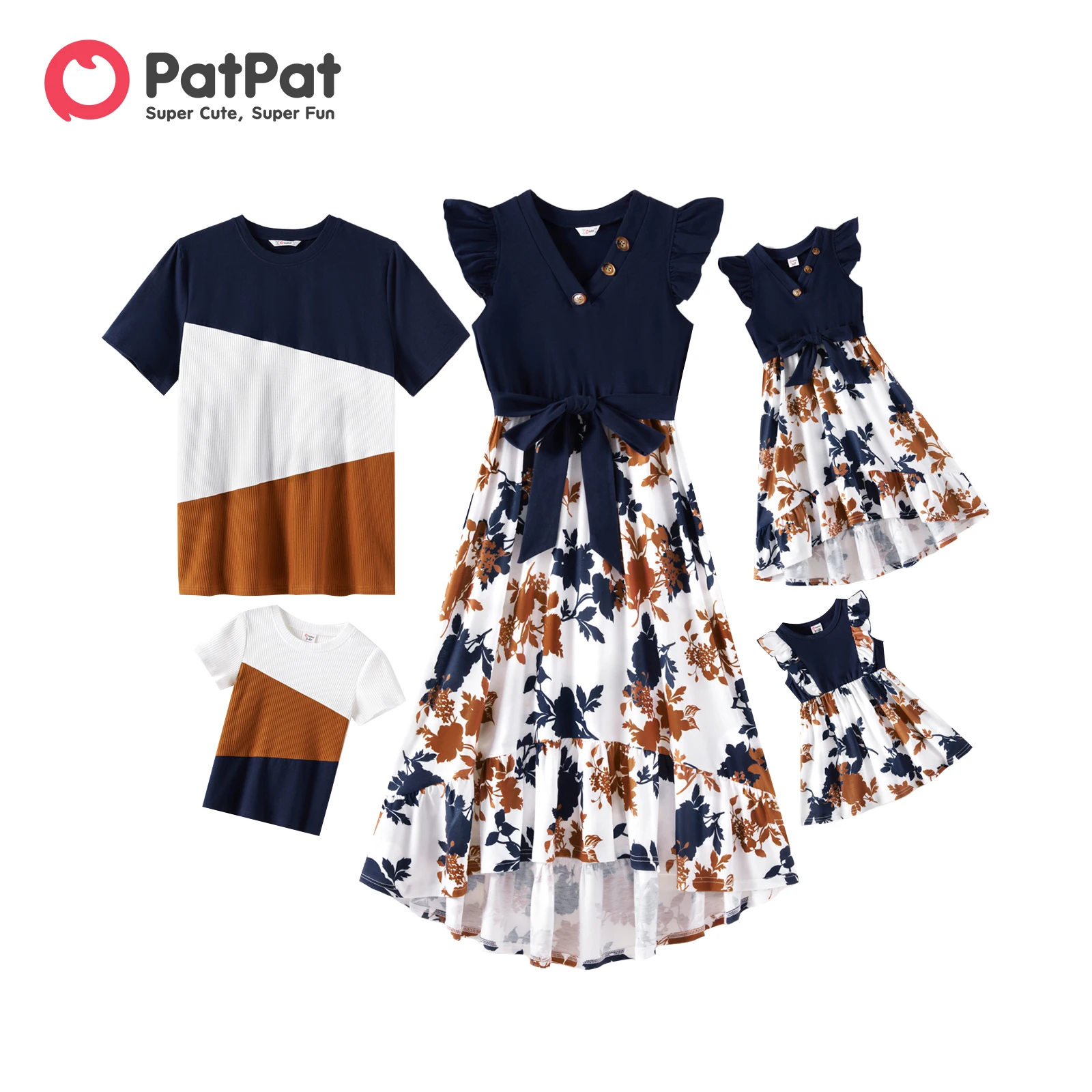 Top Trends: PatPat Family Matching Outfits Short-sleeve Ribbed T-shirt And V Neck Flutter-sleeve Spliced Floral Print Dress Family Look Sets Shoppable Styles