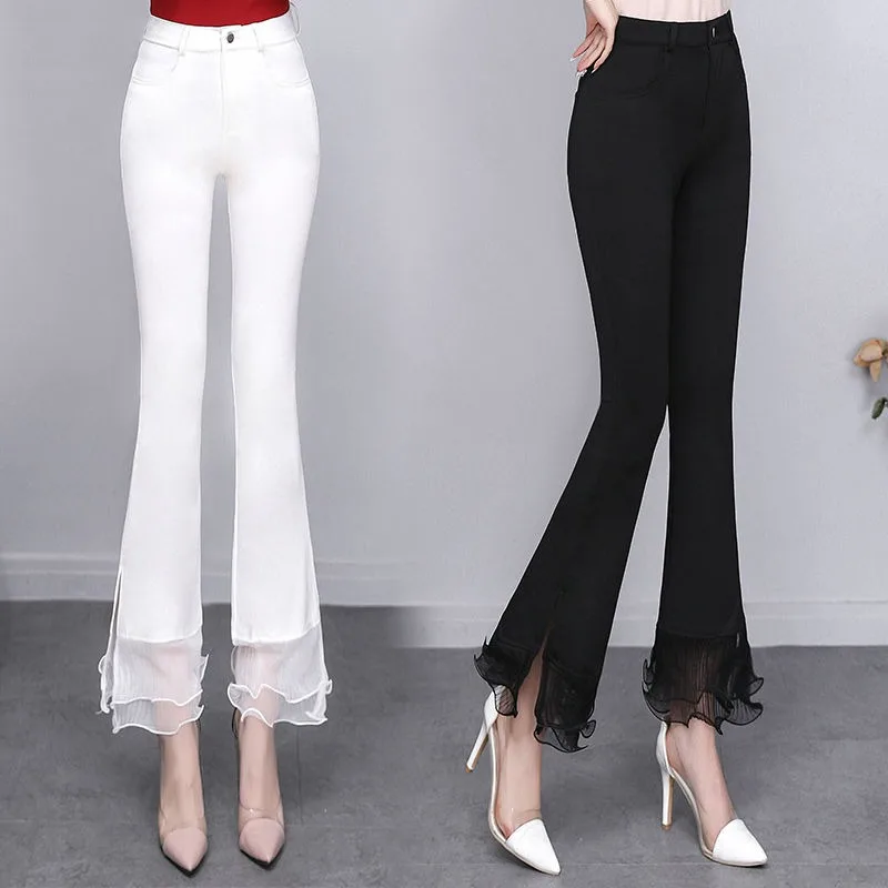 Top Trends: Korean Fashion Women Lace Chiffon Flare Pants Spring Summer Thin Slim Split High Waist Office Lady Elegant Solid Casual Trousers Shoppable Styles