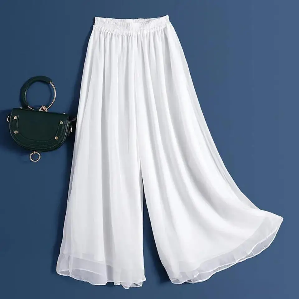 Top Trends: Fashion Woman Casual Chiffon Wide Leg Pants Big Size Loose Solid White Elastic Band High Waist Female Clothing Oversize Trousers Shoppable Styles