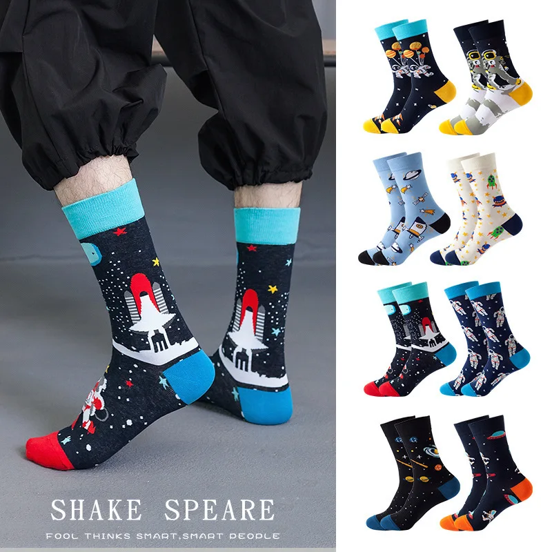 Top Trends: 1Pair Funny Ins Astronaut Airplane Heavenly Body Middle Tube Men Happy Socks Streetwear Cotton Male Skateboard Boys Adult Sox Shoppable Styles