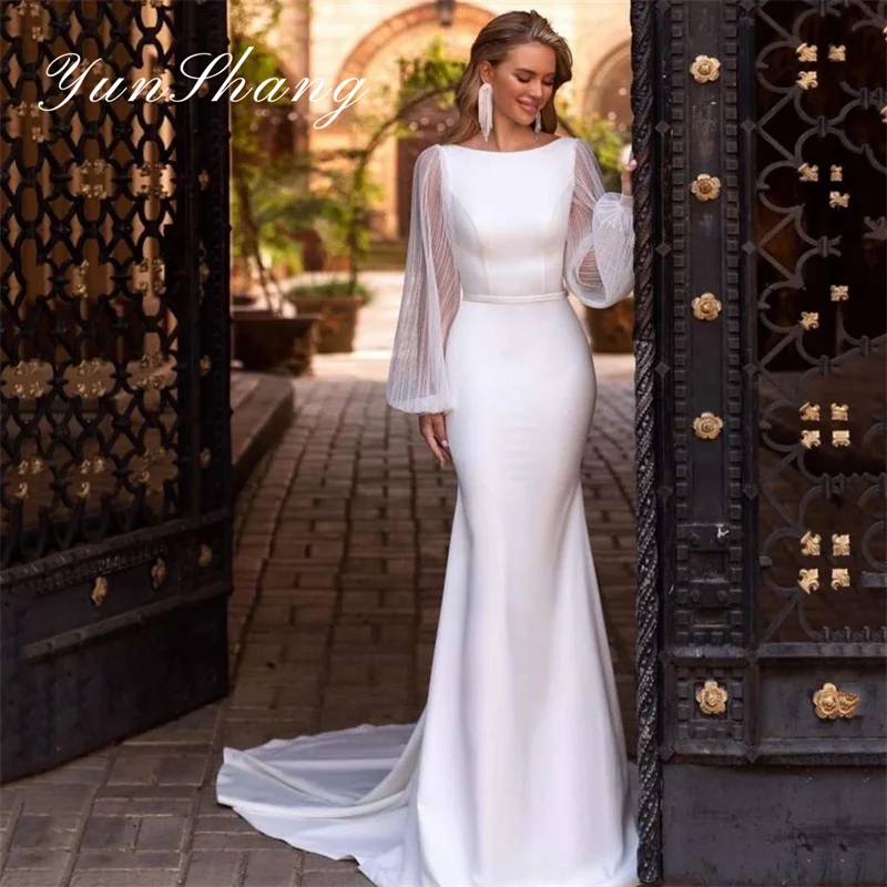 Top Trends: Yunshang Elegant Wedding Dresses Women Mermaid Open Back Long Sleeve Boat Neck Bridal Gown Tulle Sweep Train Vestidos De Novia Shoppable Styles