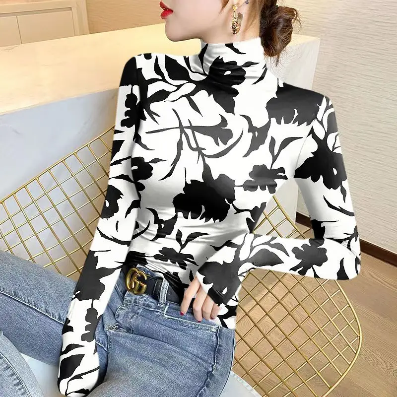 Top Trends: Women&#039;s Half High Collar Underlay Autumn And Winter New Fashion Color Locked Printing Long Sleeve Pullover T-shirt Slim Tops Shoppable Styles