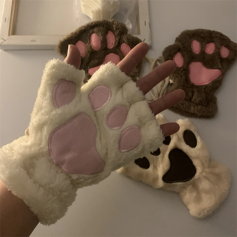 Top Trends: Soft Warm Plush Fingerless Panda Gloves Flip Half Finger Mittens Women Winter Cute Cat Paw Fluffy Glove Girls Christmas Gifts Shoppable Styles - Image 4