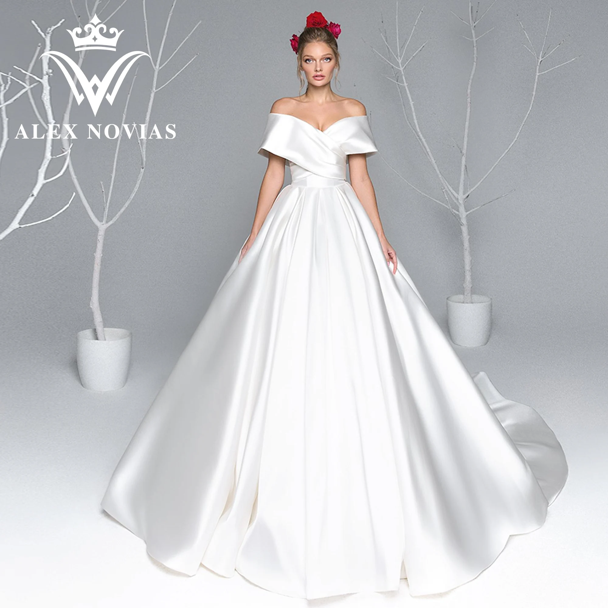 Top Trends: ALEX NOVIAS Elegant Wedding Dresses For Women Modern V-neck Off The Shoulder Chapel Train Wedding Gown Vestidos Novias De Saten Shoppable Styles