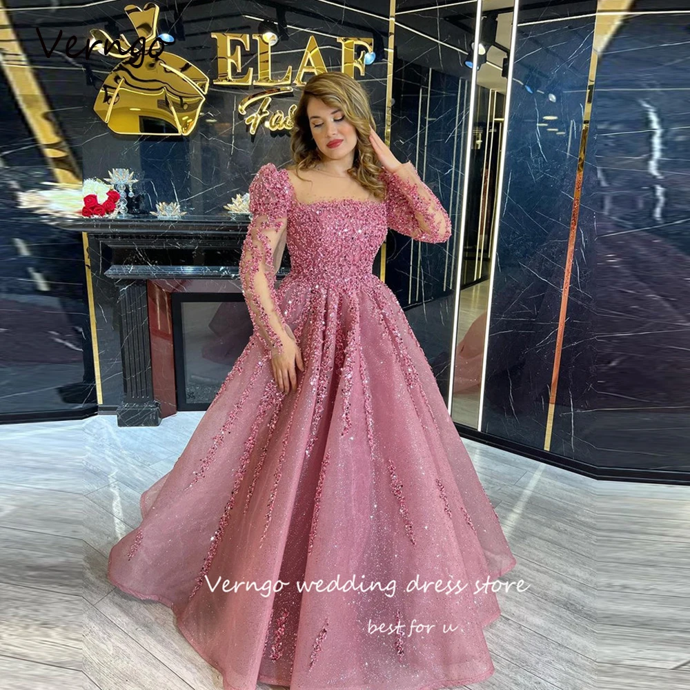 Top Trends: Verngo Glitter Dusty Pink Dubai Arabic Womem Evening Dresses Long Sleeves Square Neck Lace Applique Sparkly Prom Gowns Bride Shoppable Styles