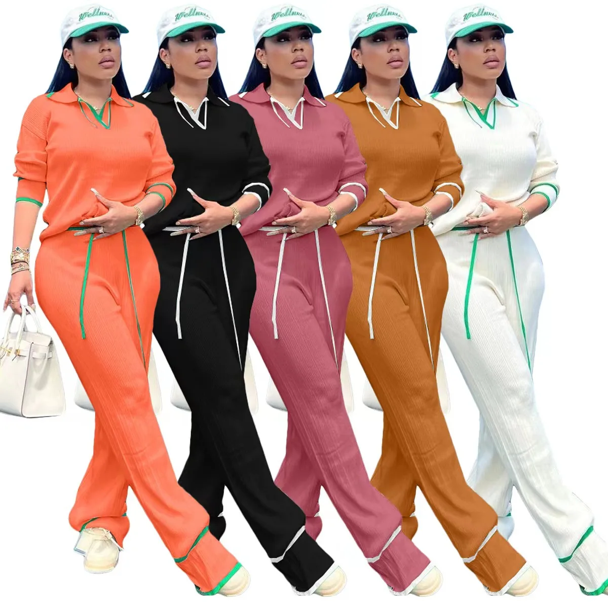 Top Trends: Knitting Women Pants Suits Leisure Block Color Long Sleeve Wide Leg Trouers Drawstring Turn-down Collar Fashion Female Sets Shoppable Styles