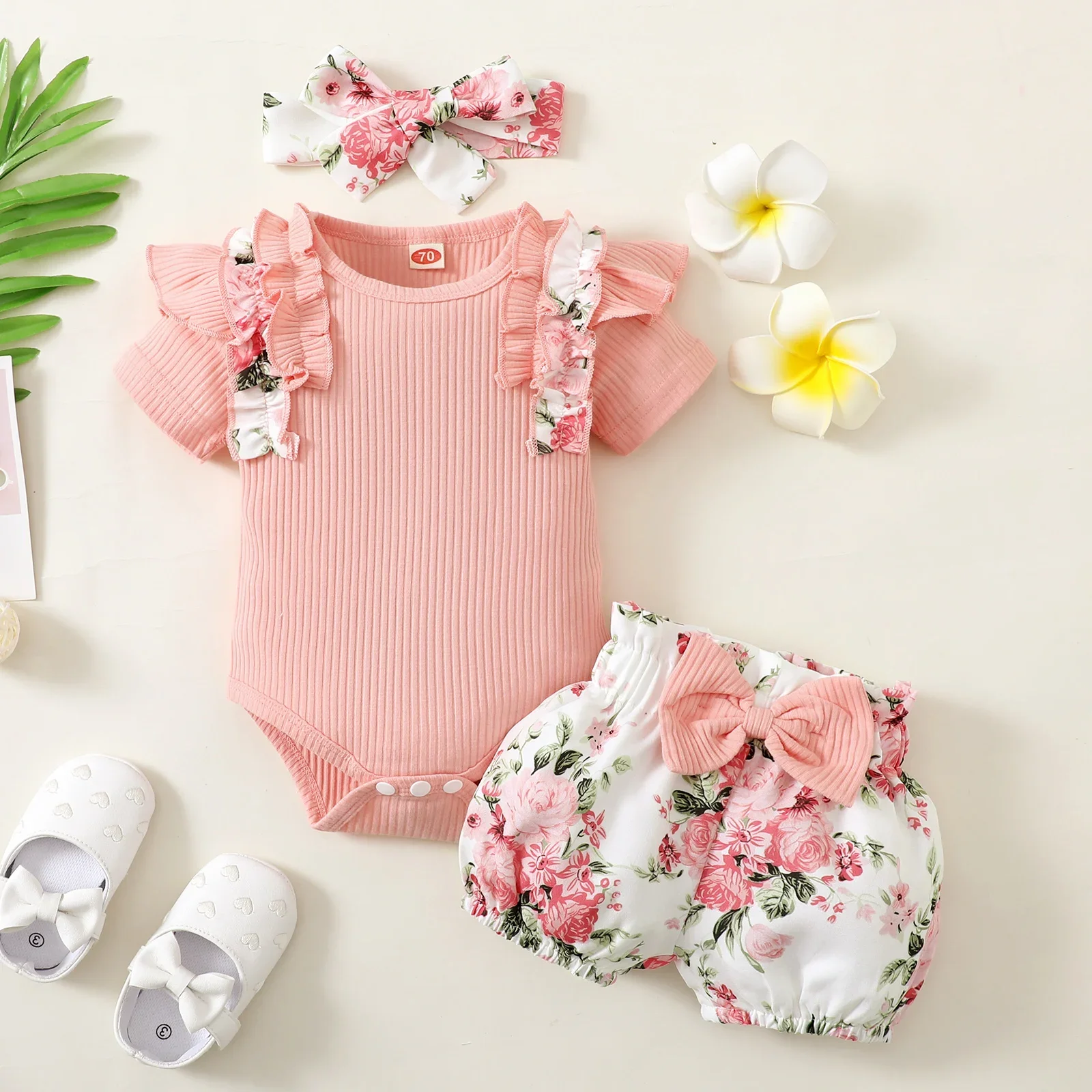 Top Trends: Infant Toddler Baby Kid Girls Clothes Set Ruffled Flower Printing Tops Solid Colored Flared Pants Outfits Newborn Clothes Shoppable Styles