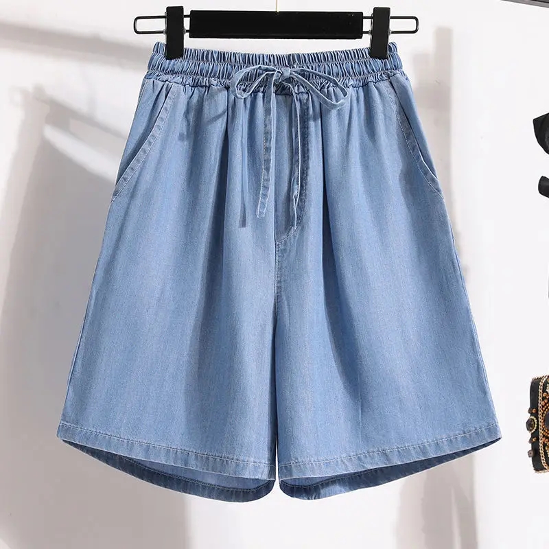 Top Trends: Summer New Thin Ice Silk Denim Shorts Elastic Waist Solid Color Loose Plus Size Wide Leg Pants Casual Fashion Women Clothing Shoppable Styles