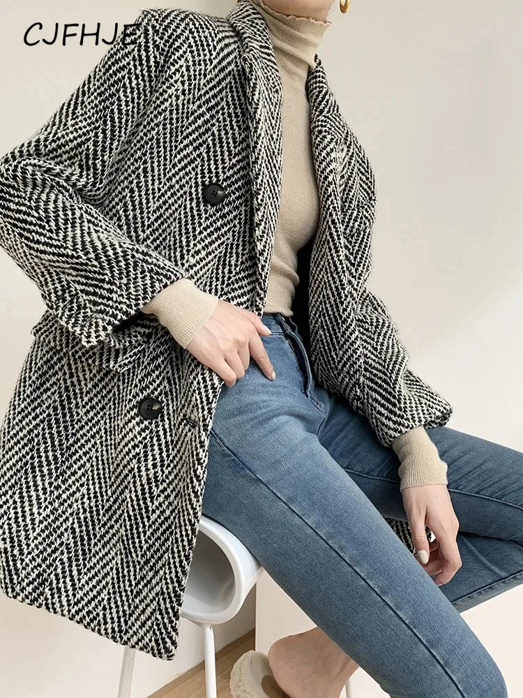 Top Trends: CJFHJE Vintage Thicken Lapel Ladies Blend Jackets Autumn Winter Striped Woolen Blazer Female Double Breasted Women Woolen Coat Shoppable Styles