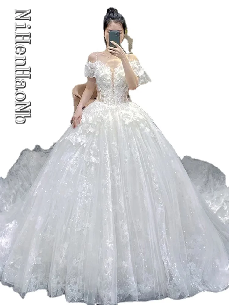 Top Trends: Luxury Wedding Dress 3D Flower Applique Sequined Off Shoulder Ball Princess Bridal Gown Shoppable Styles