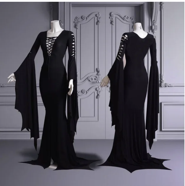 Top Trends: Wednesday Morticia Addams Cosplay Floor Dress Costume Adult Women Punk Gothic Witch Vintage Sexy Lace Up Slim Gown Halloween Shoppable Styles