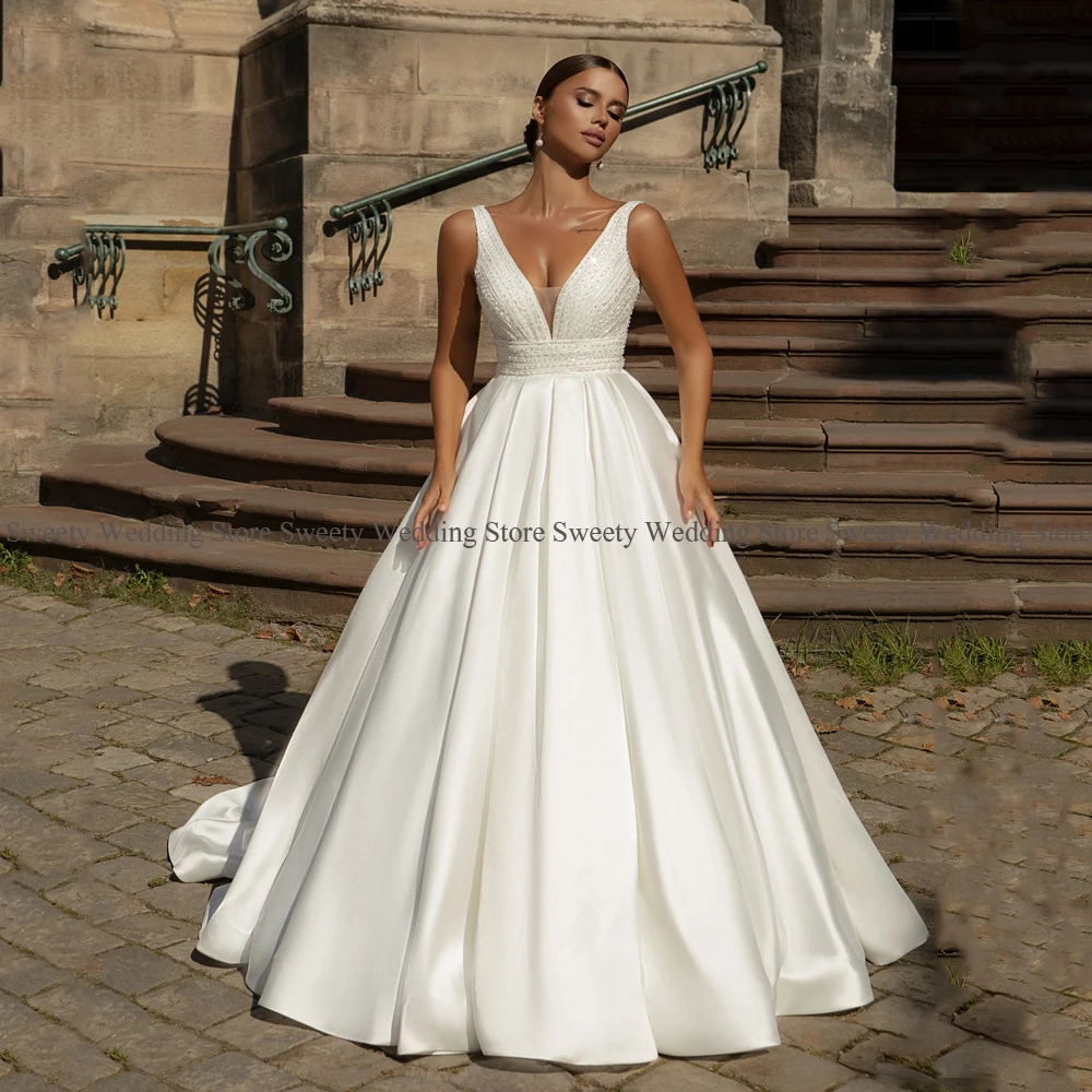 Top Trends: 2023 Luxury Beading Satin Wedding Dresses Sexy V Neck Sleeveless Sequin Sweep Train Ball Gown Corset Bridal Robe Mariage Shoppable Styles