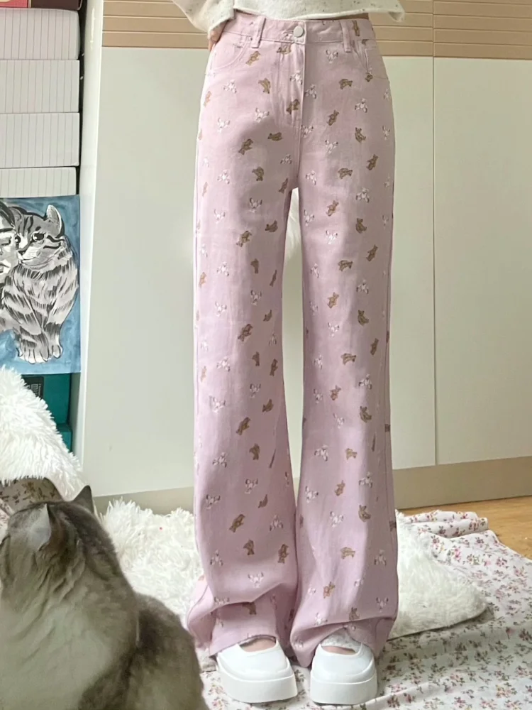 Top Trends: Deeptown Kawaii Cute Bear Pink Baggy Jeans Women Korean Fashion Oversize Denim Pants Sweet Japanese Style Wide Leg Girl Trousers Shoppable Styles