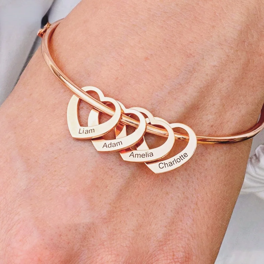 Top Trends: Stainless Steel Women Bangles Personalized Custom Multi-Name Heart Pendant Couple Bangles Jewelry Gifts Manchette Bracelet Femme Shoppable Styles