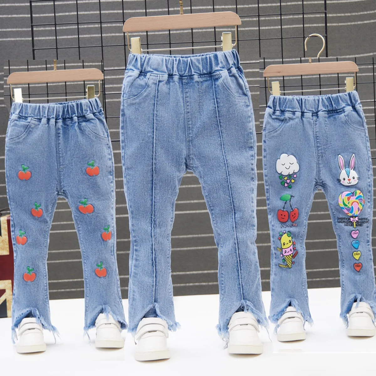 Top Trends: Kids Girls Denim Jeans Pants Spring Autumn Trousers Elastic Waistband Tassel Hem Bell-bottom Style Long Pants 90-130 Shoppable Styles