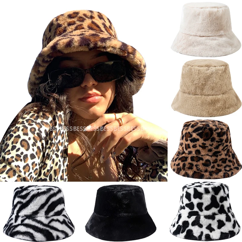 Top Trends: 2023 Unisex Faux Fur Bucket Hat Women Men Panama Hat Autumn Winter Cow Leopard Outdoor Thicken Keep Warm Fishing Fisherman Cap Shoppable Styles