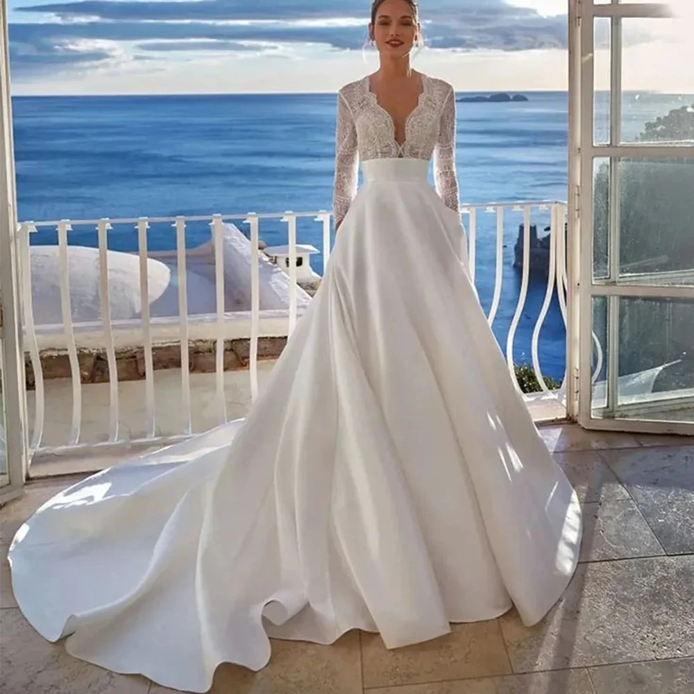 Top Trends: Luxury Wedding Dress For Women 2024 Modern V-neck Full Sleeves Illusion Tulle Bridal Gown A-Line Button Backless Robe De Mariée Shoppable Styles