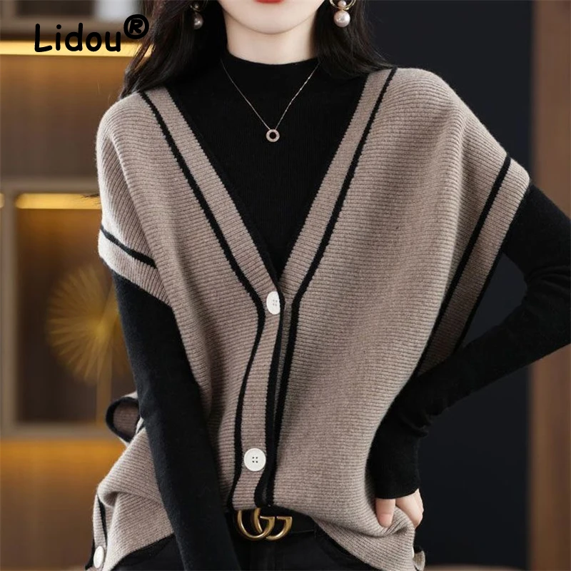 Top Trends: 2022 Autumn Casual Fashion V-Neck Spliced Knitted Sweater Vest Female Clothing Commute Pullover Tops All-match Korean Sweaters Shoppable Styles