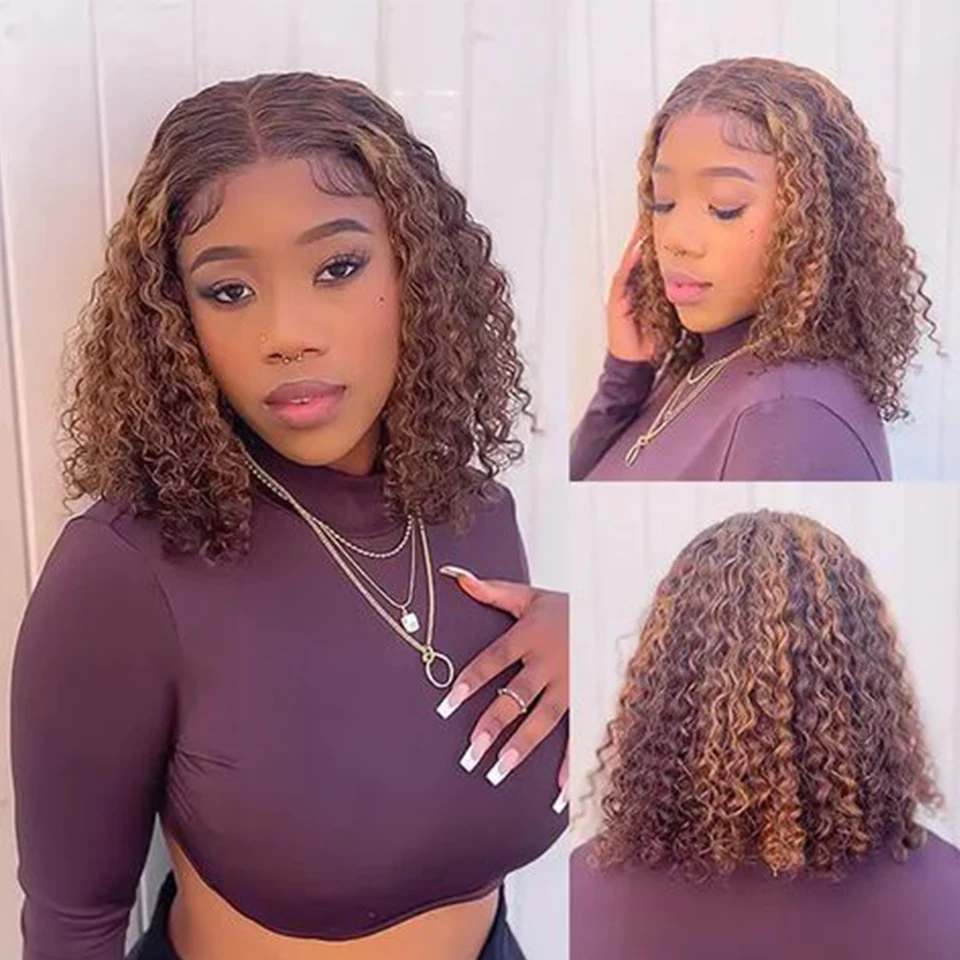 Top Trends: Sleek Short Human Hair Wigs For Women Curly T Part Lace Wigs Water Wave Remy Brazilian Hair Wigs Ombre Colored Curl Bob Wigs Shoppable Styles