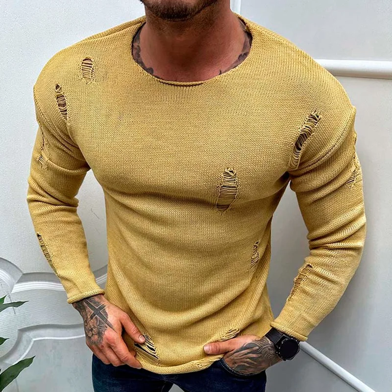 Top Trends: Men's Casual Tops Spring Summer Fashion Solid Knit Long Sleeve Torn Sweater Male Tees 2023 Holiday Streetwear Chic Shirts Shoppable Styles - Image 3