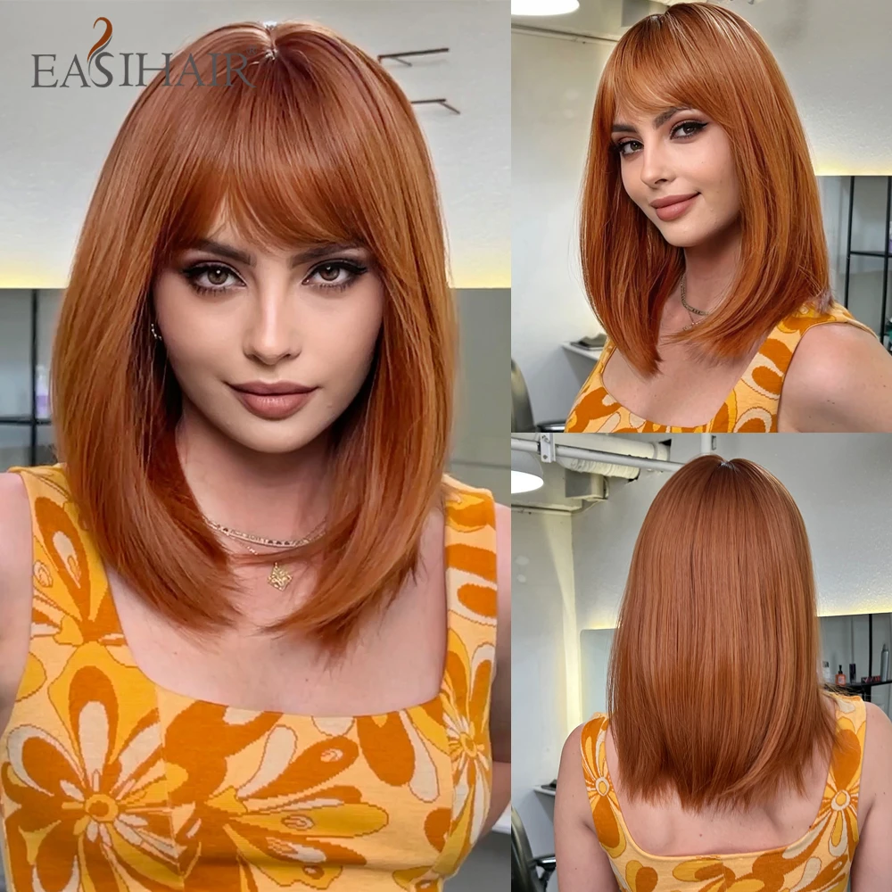 Top Trends: EASIHAIR Copper Ginger Synthetic Wigs With Bangs Medium Length Straight Hair Wig For Women Daily Cosplay Natural Heat Resistant Shoppable Styles