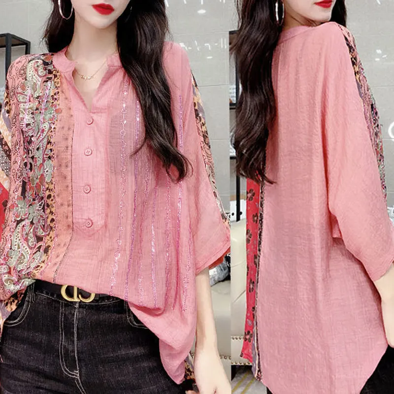 Top Trends: 2023 Stylish Streetwear V-Neck Button Shirt Summer Printed Female Clothing Vintage Chic Diamonds All-match Casual Loose Blouse Shoppable Styles