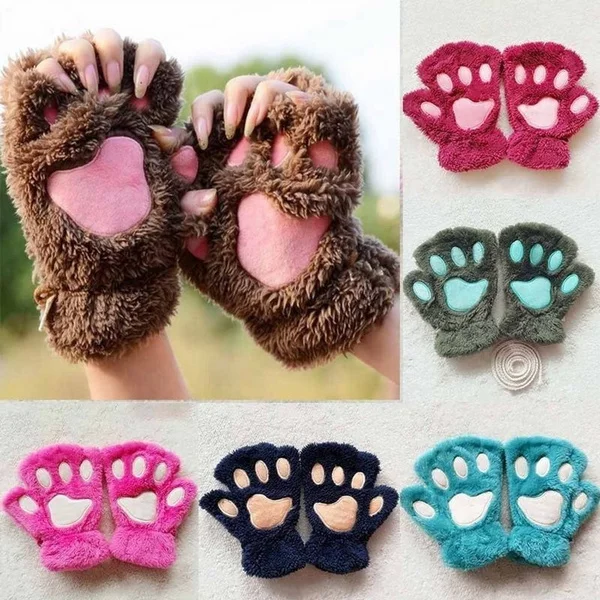 Top Trends: Women Cartoon Cat Claw Paw Plush Mittens Warm Soft Plush Fingerless Fluffy Bear Cat Gloves Costume Half Finger Christmas Gift Shoppable Styles - Image 2