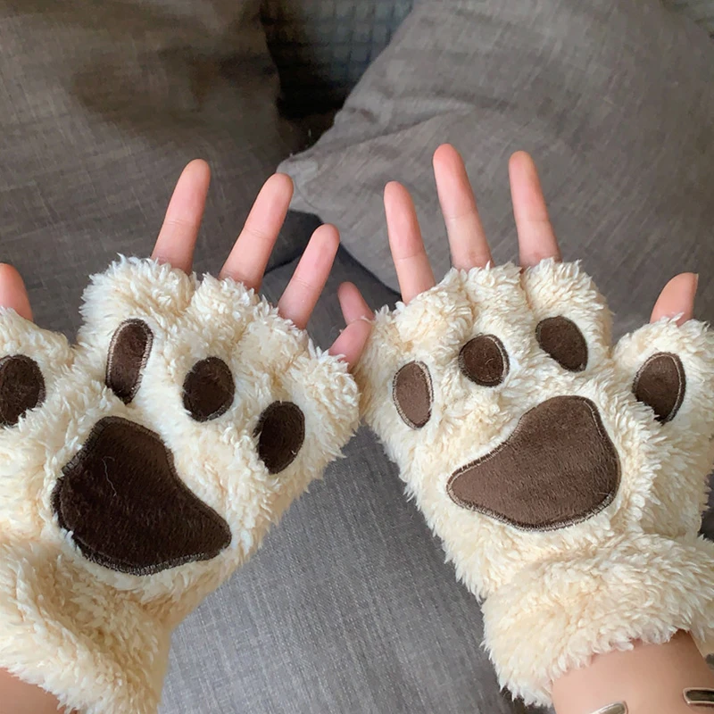 Top Trends: Soft Warm Plush Fingerless Panda Gloves Flip Half Finger Mittens Women Winter Cute Cat Paw Fluffy Glove Girls Christmas Gifts Shoppable Styles - Image 6