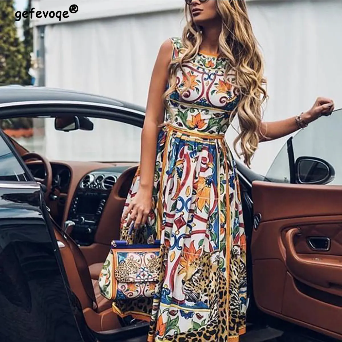 Top Trends: Vintage Print Round Neck Mid Calf Sleeveless Empire Women Clothing Summer New Fashion Temperament Harajuku Elegant Midi Dress Shoppable Styles