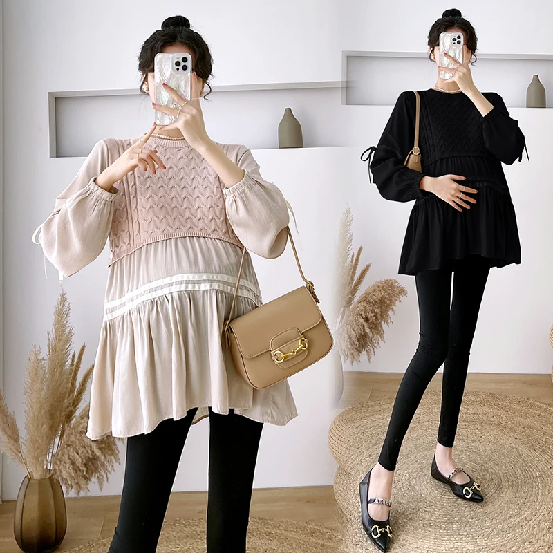 Top Trends: 532 # 2023 Autumn Winter Fashion Patchwork Knitted Maternity Blouses Loose Shirts Clothes For Pregnant Women Cute Pregnancy Tops Shoppable Styles