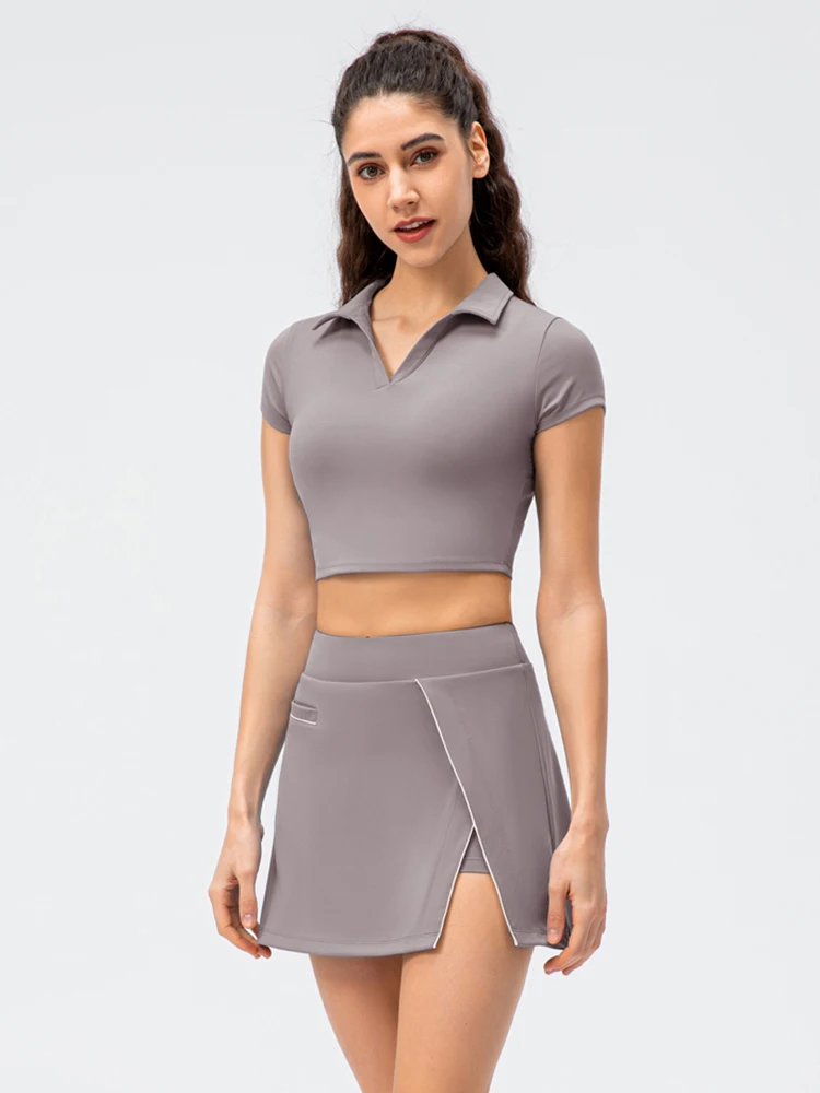 Top Trends: Women's Breathable Golf Wear Tennis Sport Sets Crop Top Short 2 In 1 Skirt Set Workout Clothing Solid Fitness Yoga T-Shirt Shoppable Styles