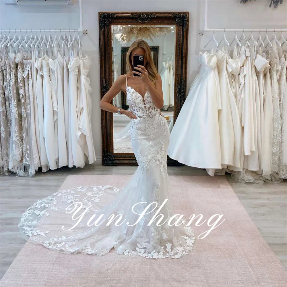 Top Trends: Yunshang Elegant Mermaid Wedding Dresses Women Lace V-Neck Open Back Spaghetti Straps Bridal Gowns Sweep Train Vestidos De Novia Shoppable Styles