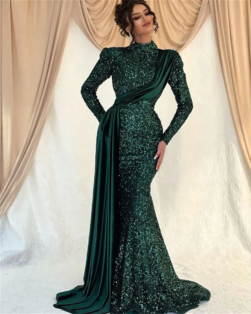 Top Trends: Emerald Green Velour Sequins Evening Dresses Elegant 2023 Long Sleeves Mermaid Formal Prom Gowns Dubai For Women Party Dress Shoppable Styles