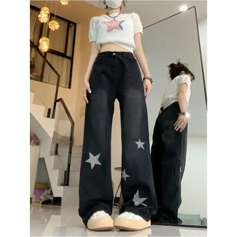 Top Trends: American Vintage High Waist Slim Straight Wide Leg Jeans Women's Autumn New Star Print Button Zipper Pockets Trendy Loose Pants Shoppable Styles