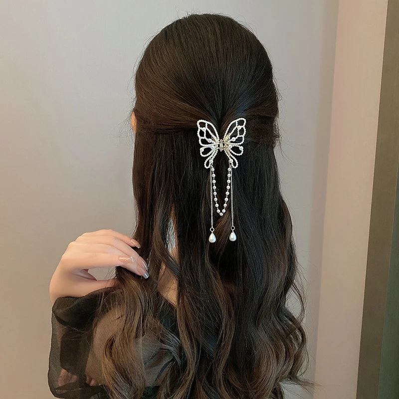 Top Trends: Vintage Butterfly Pearl Tassel Hair Claw Clip Women Korean Style Rhinestone Crab Shark Ponytail Hairpins Hair Accessories Female Shoppable Styles - Image 4