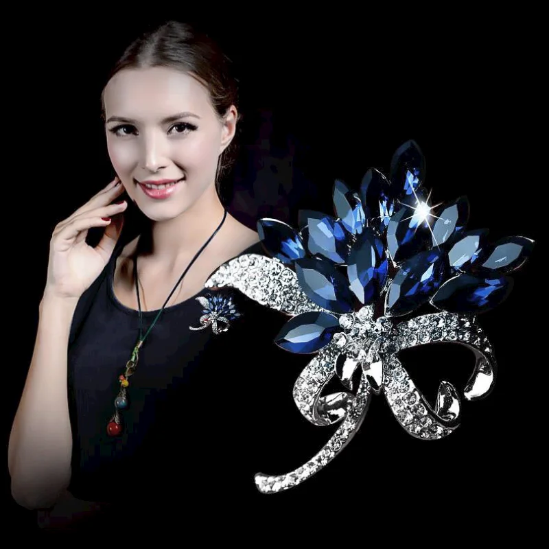 Top Trends: Luxury Design Blue Crystal Bouquet Brooches For Women Inlaid Rhinestone Trendy Brooch Pins Clothing Accessories Jewelry Gifts Shoppable Styles