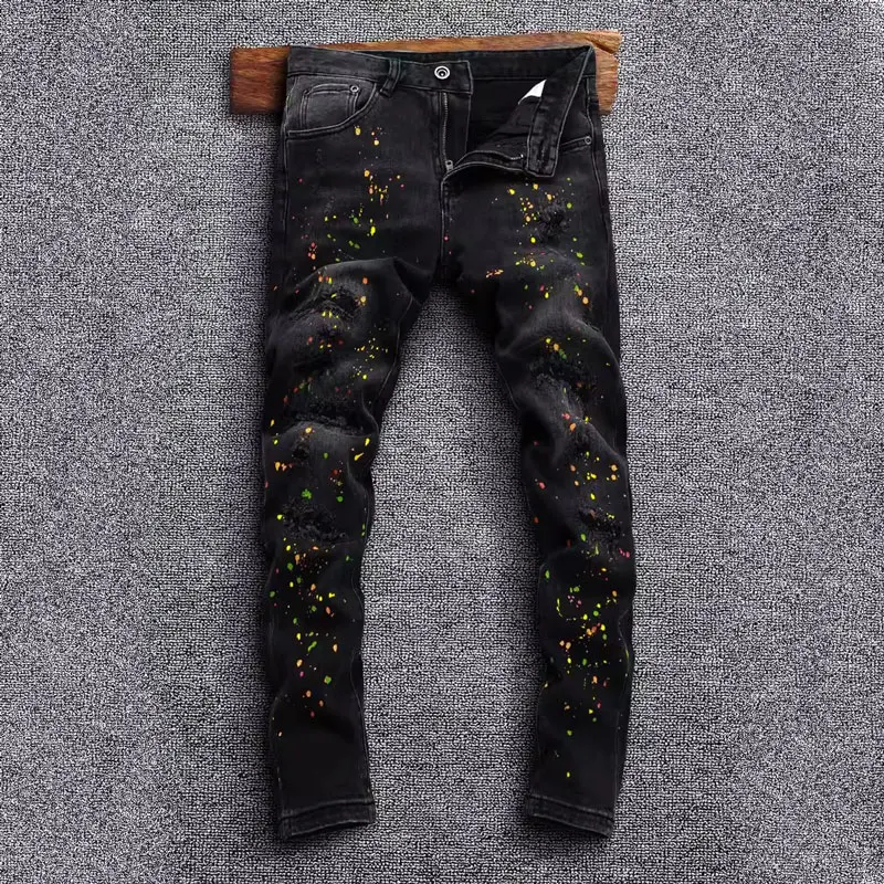 Top Trends: High Street Fashion Men Jeans Retro Black Gray Stretch Skinny Fit Ripped Jeans Men Painted Designer Hip Hop Denim Pencil Pants Shoppable Styles