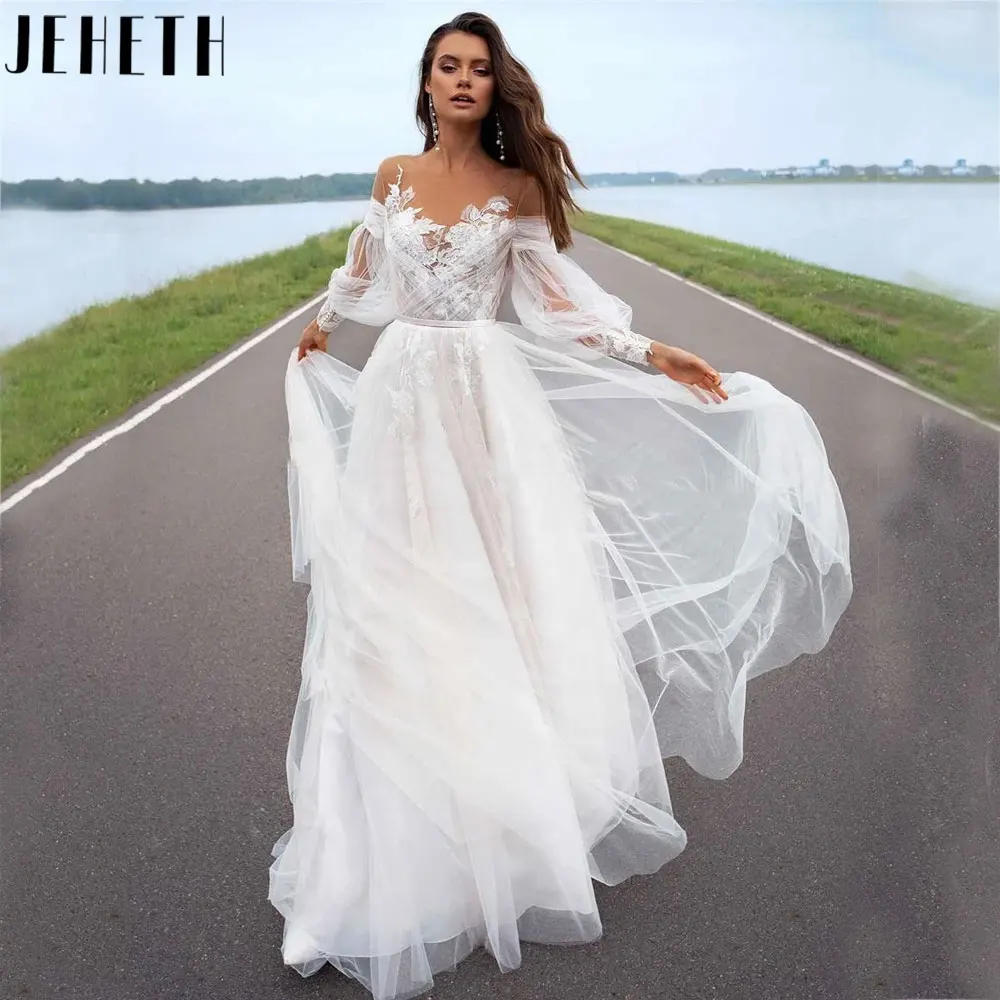 Top Trends: JEHETH 2024 Beach A-Line V-Neck Wedding Dresses Boho Long Sleeves Sweep Train Bridal Gown Custom Made Vestido De Noiva Casamento Shoppable Styles