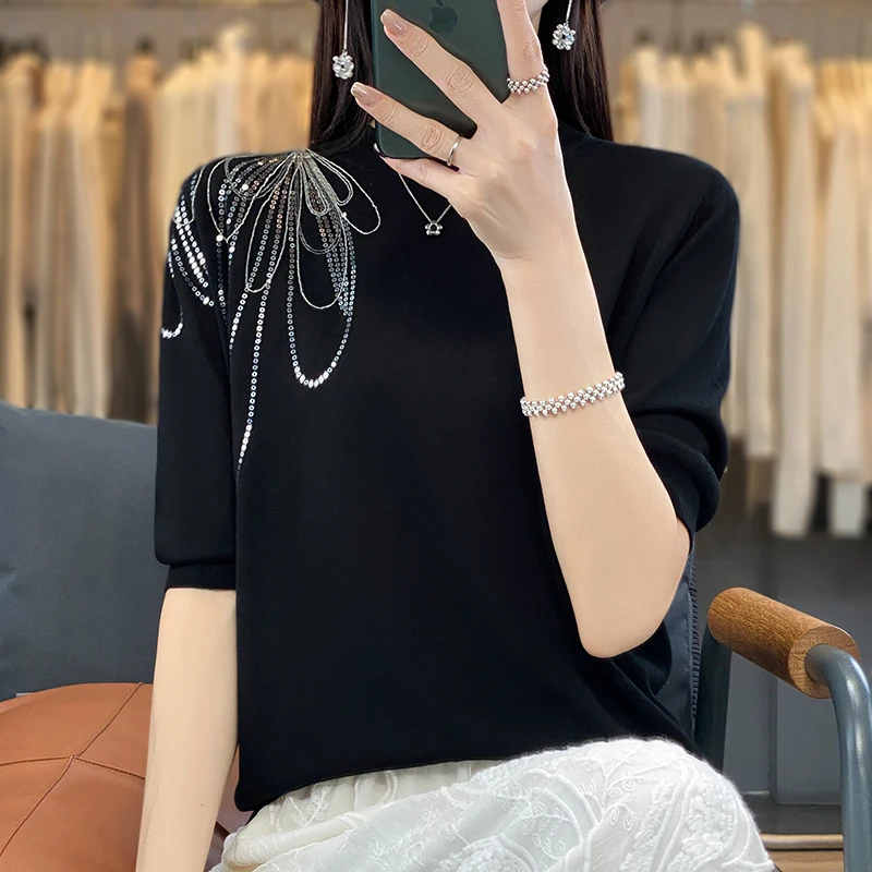 Top Trends: 23 Summer New Tencel Knitted Short Sleeve Women's Round Neck Solid Color One Shoulder Sequin Sewn Loose Fashion Style Knit Shirt Shoppable Styles