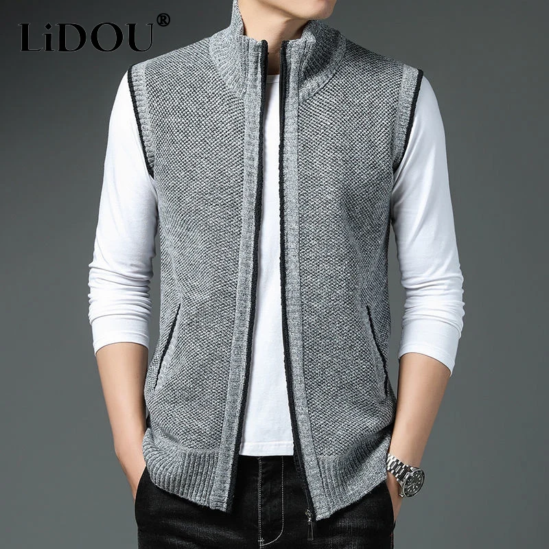 Top Trends: 2023 Autumn Winter New Solid Color Fashion Stand Collar Sleeveless Knitting Vest Man Casual Zipper Warm Thicken All-match Tops Shoppable Styles