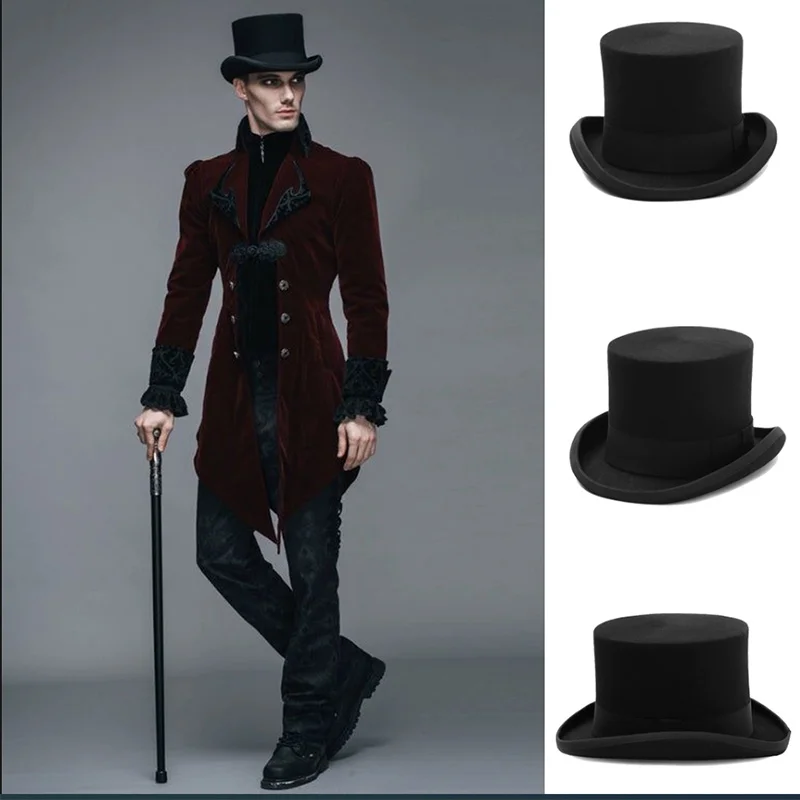 Top Trends: Fedoras Wool Magic High Hat British Black Jazz Top Hat Male Court Gentleman Flat Felt Hat Webbing Sombrero De Copa Británico Shoppable Styles