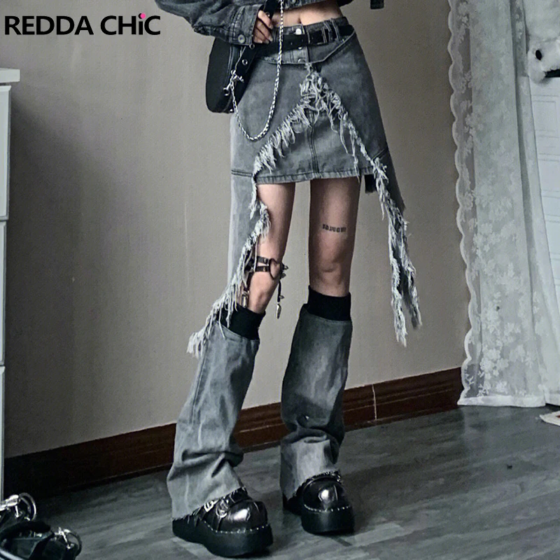 Top Trends: ReddaChic Acubi Fashion Women Skirt Set Mini Short Denim Skirt Waist Cape Chain Belt Leg Warmers Grunge Y2K Vintage Streetwear Shoppable Styles