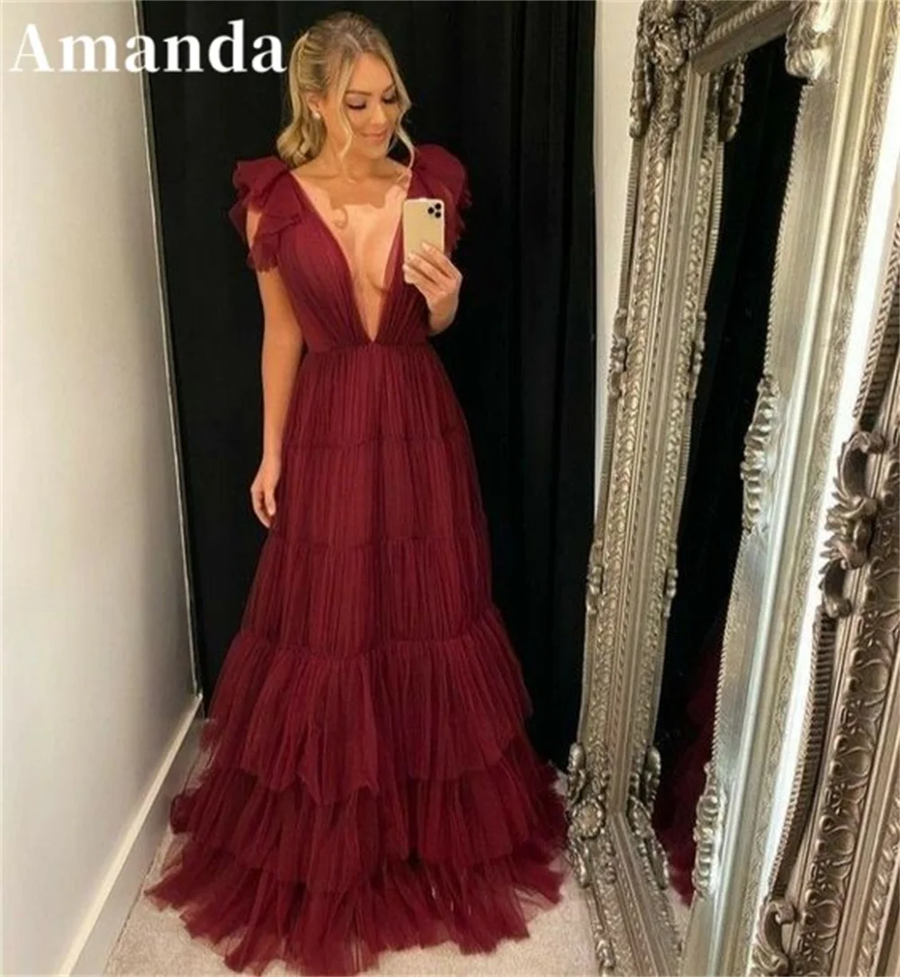 Top Trends: Amanda Sexy Deep V-neck فساتين مناسبة رسمية Elegant A-line Prom Dress 2023 Burgundy Multilayer Vestidos De Noche Sleeveless Shoppable Styles