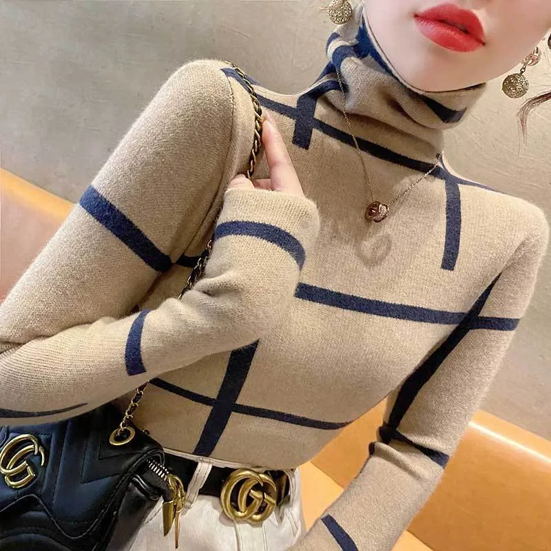 Top Trends: Women&#039;s High Neck Sweater All-match Bottom New Autumn And Winter Fashion Stripe Long Sleeve Pullover Slim Office Lady Knit Tops Shoppable Styles