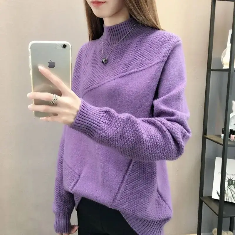 Top Trends: Autumn And Winter Women's Pullover Half High Collar Screw Thread Solid Wide Bottom Sweater Loose Fashion Long Sleeve Sweater Shoppable Styles