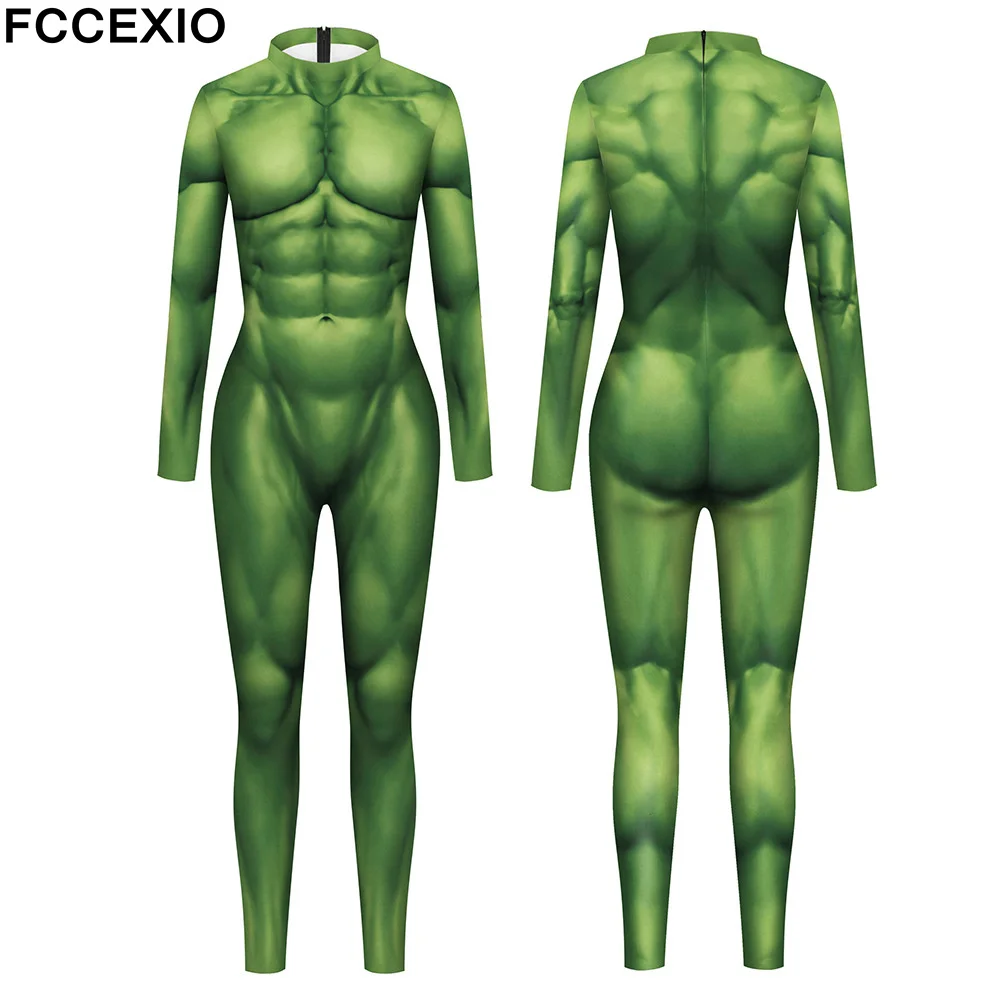 Top Trends: FCCEXIO Cosplay Halloween Bodysuits Green Muscle 3D Print Long Sleeve Women Clothing Sexy Skinny Elastic Jumpsuit Muscle Outfit Shoppable Styles