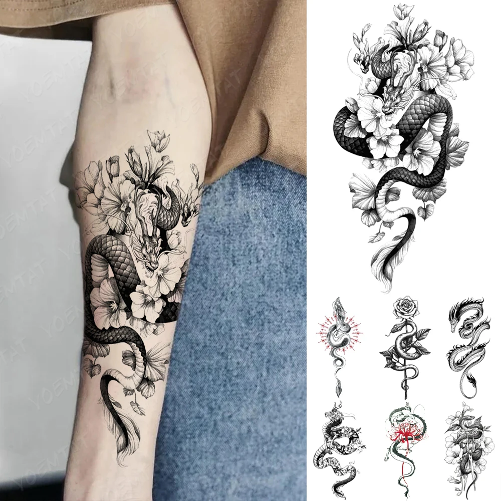 Top Trends: Waterproof Temporary Tattoo Sticker Y2K Flying Dragon Snake Geisha Flower Flash Tatoo Women Men Arm Sleeve Body Art Fake Tattoos Shoppable Styles