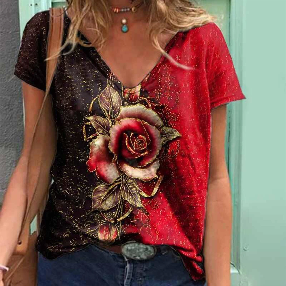 Top Trends: Women's V Neck T-Shirts Summer Fashion Print Tees Rose Graphic Tops Y2k Harajuku Oversized T Shirt Female Casual Clothes Camisa Shoppable Styles