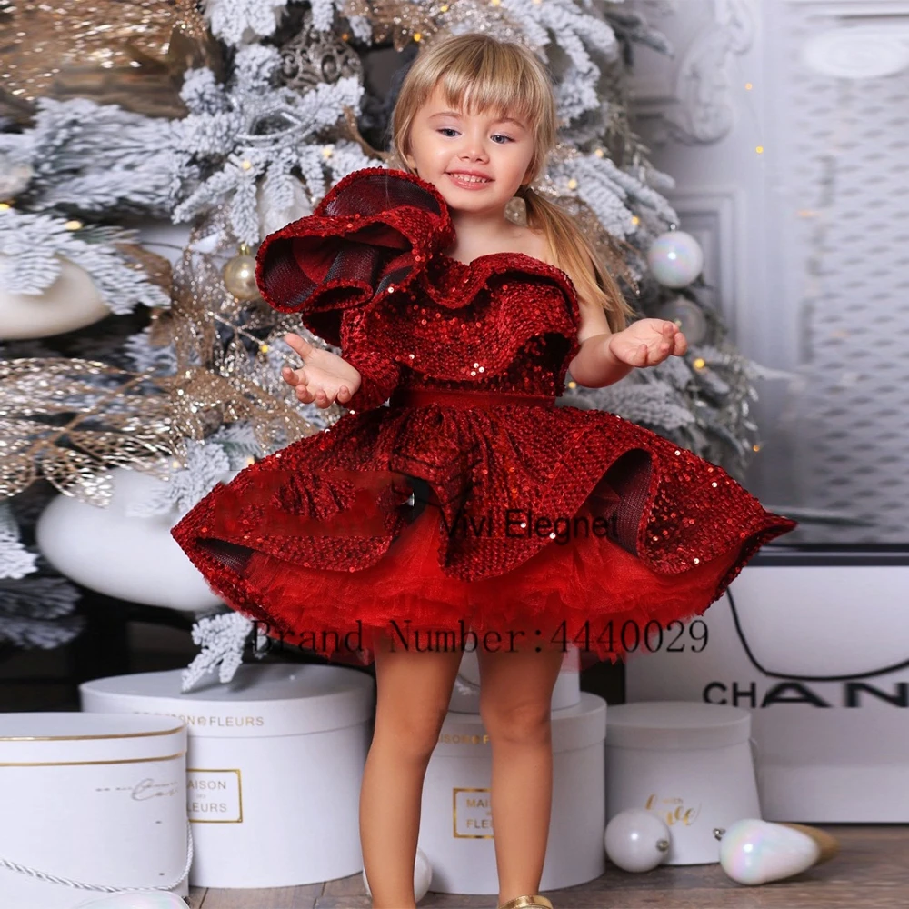 Top Trends: Burgundy Scoop Flower Girl Dresses With Seuqined Soft Tulle 2023 New Seuqined Wedding Party Gowns Tiered Full Sleeve فساتين بنا Shoppable Styles - Image 4