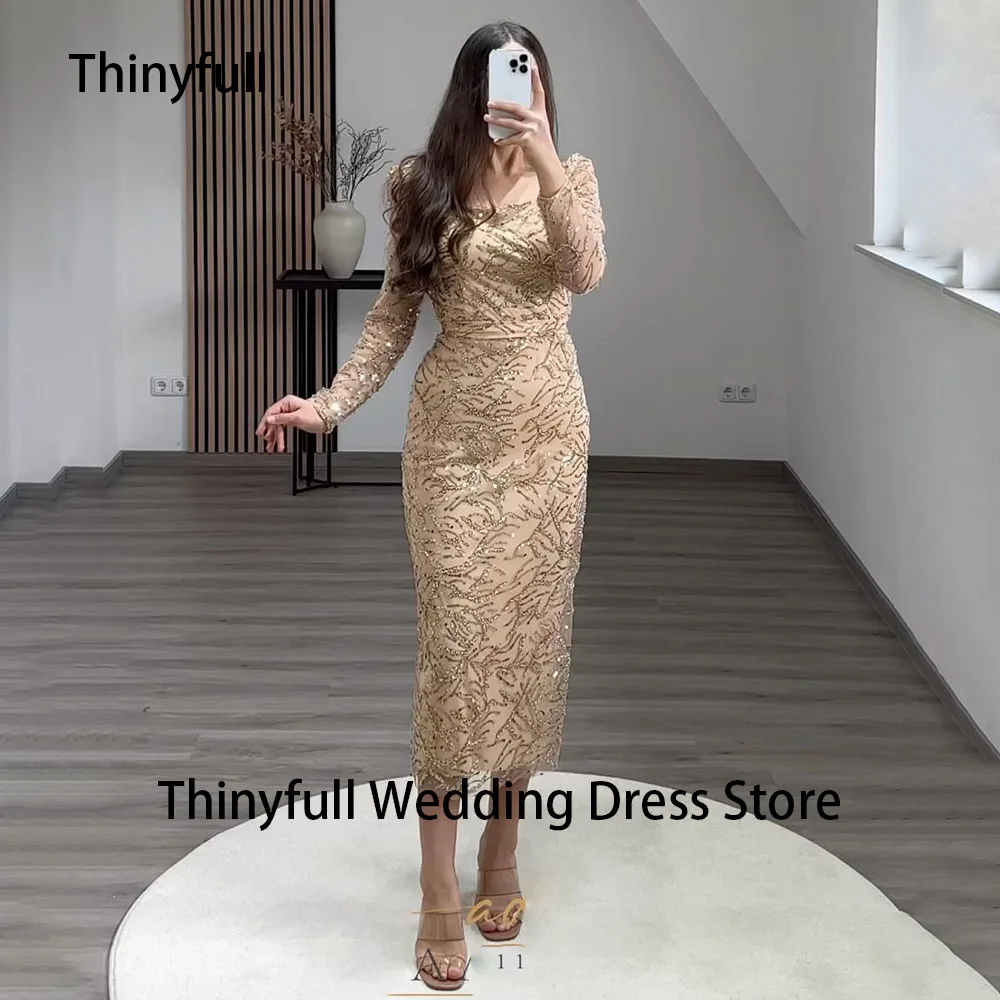 Top Trends: Thinyfull Saudi Arabia Mermaid Evening Party Dresses Long Sleeve Sequined Prom Gowns Satin Tea Length Celebrity Formal Dresses Shoppable Styles